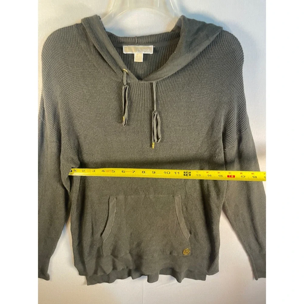 Michael Kors Womens Olive Green Waffle Knit Hoodie‎ Sweater Gold Logo Size L